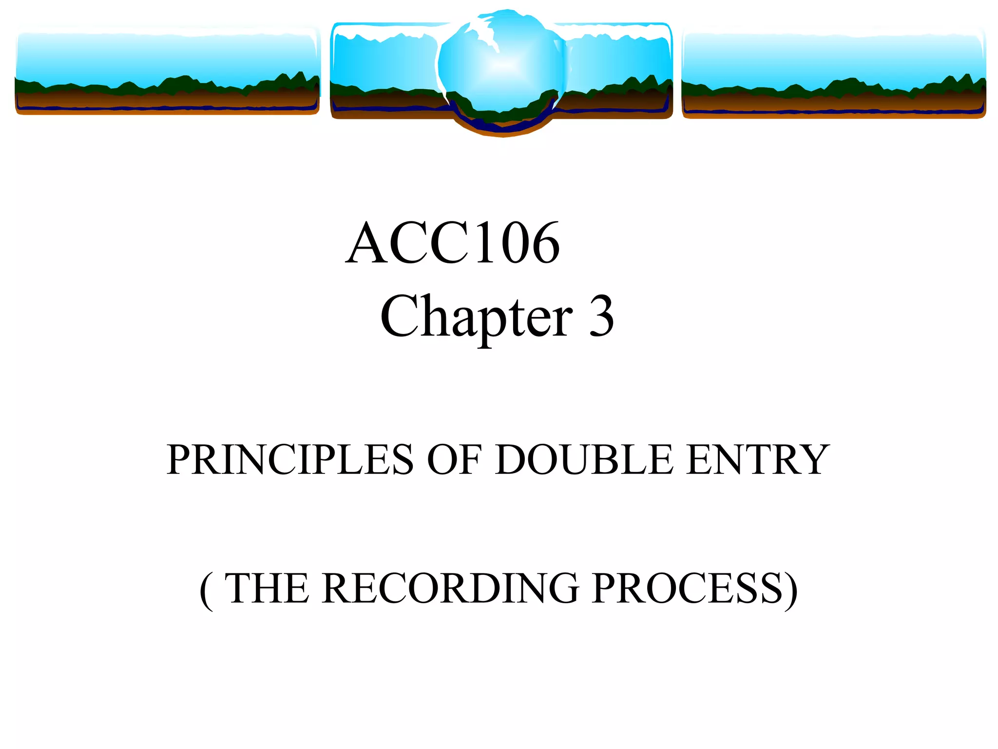 ACC106
       Chapter 3

PRINCIPLES OF DOUBLE ENTRY

 ( THE RECORDING PROCESS)
 