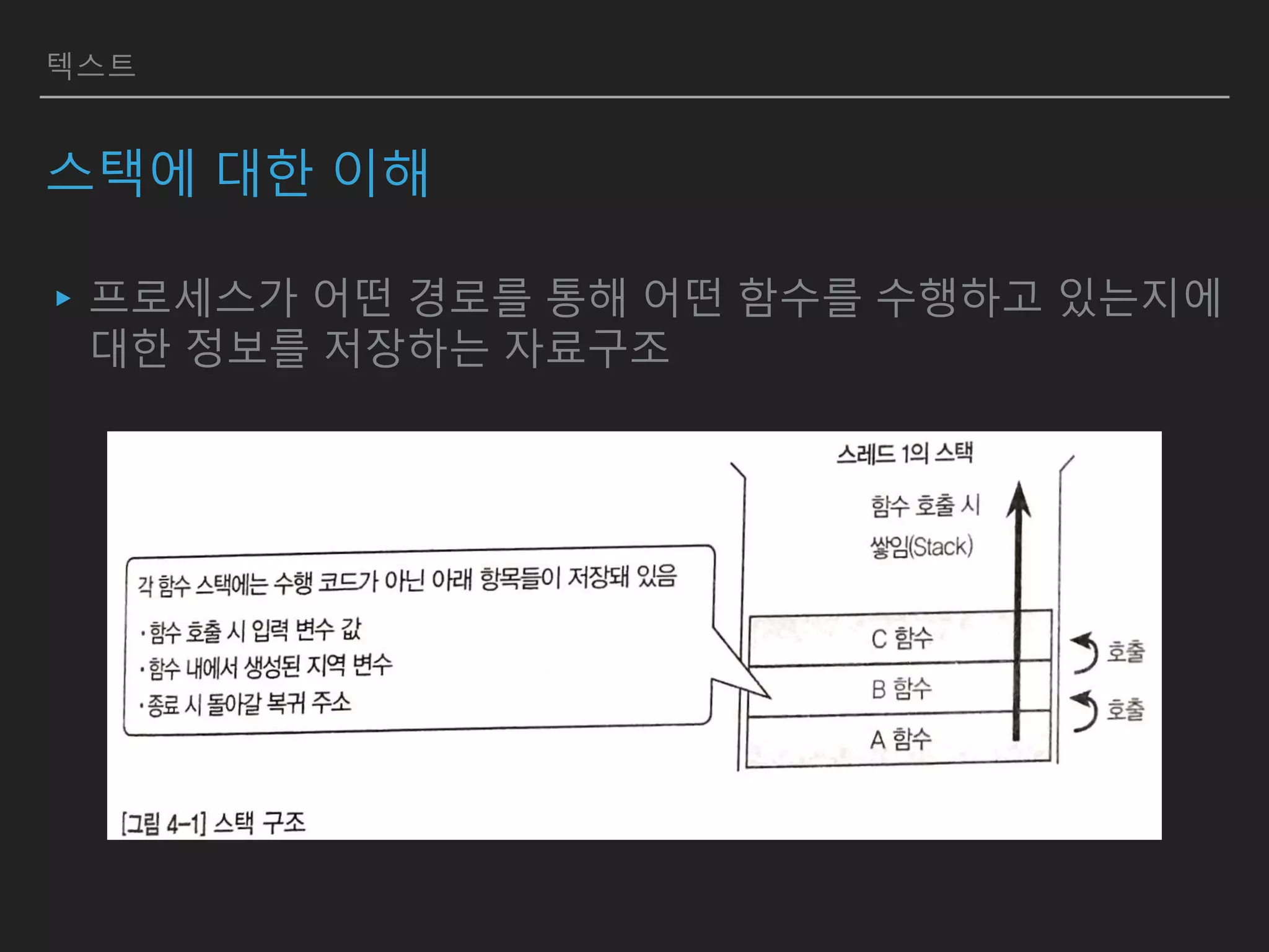 텍스트
스택에 대한 이해
▸프로세스가 어떤 경로를 통해 어떤 함수를 수행하고 있는지에
대한 정보를 저장하는 자료구조
 