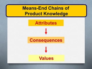 Means-End Chains of 
Product Knowledge 
Attributes 
Consequences 
Values 
 