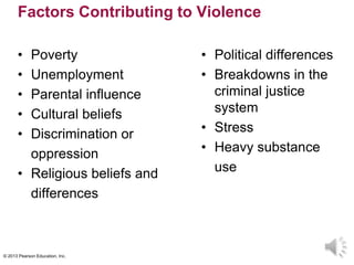 © 2013 Pearson Education, Inc.
• Political differences
• Breakdowns in the
criminal justice
system
• Stress
• Heavy substance
use
Factors Contributing to Violence
• Poverty
• Unemployment
• Parental influence
• Cultural beliefs
• Discrimination or
oppression
• Religious beliefs and
differences
 