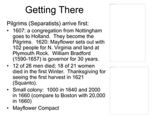 Getting There
Pilgrims (Separatists) arrive first:
• 1607: a congregation from Nottingham
goes to Holland. They become the
Pilgrims. 1620: Mayflower sets out with
102 people for N. Virginia and land at
Plymouth Rock. William Bradford
(1590-1657) is governor for 30 years.
• 12 of 26 men died; 18 of 21 women
died in the first Winter. Thanksgiving for
seeing the first harvest in 1621
(Squanto).
• Small colony: 1000 in 1640 and 2000
in 1660 (compare to Boston with 20,000
in 1660)
• Mayflower Compact
 
