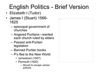 English Politics - Brief Version
• Elizabeth I (Tudor)
• James I (Stuart) 1566-
1625
– episcopal government of
churches
– Angered Puritans—wanted
each church ruled by elders
– Passed anti-Puritan
legislation
– Banned Puritan books
– P’s flee to the New World
• Jamestown (1607)
• Plymouth (1620)
– Moved to escape James’
policies
 