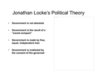 Jonathan Locke’s Political Theory
• Government is not absolute
• Government is the result of a
“social compact”
• Government is made by free,
equal, independent men
• Government is instituted by
the consent of the governed
 