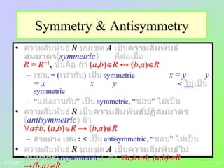 11
Symmetry & Antisymmetry
• R A
symmetric
R = R−1, (a,b) R ↔ (b,a) R
– , = ( ) symmetric x = y y
= x x y <
symmetric
– “ ” symmetric, “ ”
• R
antisymmetric
a≠b, (a,b) R → (b,a) R
– : < antisymmetric, “ ”
• R A
asymmetric a,b A, (a,b) R9/5/2013
 