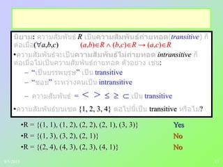 13
: R transitive
( a,b,c) (a,b) R (b,c) R → (a,c) R
• intransitive
:
– “ ” transitive
– “ ” intransitive
– = < > transitive
• {1, 2, 3, 4} transitive ?
•R = {(1, 1), (1, 2), (2, 2), (2, 1), (3, 3)} Yes
•R = {(1, 3), (3, 2), (2, 1)} No
•R = {(2, 4), (4, 3), (2, 3), (4, 1)} No
9/5/2013
 