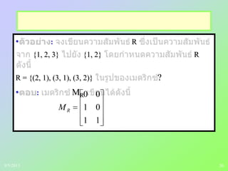 26
• : R
{1, 2, 3} {1, 2} R
R = {(2, 1), (3, 1), (3, 2)} ?
• : MR
11
01
00
RM
9/5/2013
 