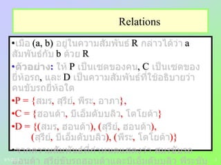 3
Relations
• (a, b) R a
b R
• : P , C
, D
•P = { , , , },
•C = { , , }
•D = {( , ), ( , ),
( , ), ( , )}
•
9/5/2013
 