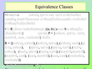 46
Equivalence Classes
• : ,
,
• R {(a, b) | a b
} P = {
}
R = {( , ), ( , ), ( , ), (
, ), ( , ), ( , ), ( ,
), ( , ), ( , ), ( , ),
( , ), ( , ), ( , ), ( ,
)}
• R :9/5/2013
 