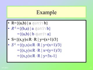 7
Example
• R={(a,b) | a b}
• R-1 ={(b,a) | a b}
={(a,b) | b a}
• S={(x,y) R R | y=(x+1)/3}
• S-1 ={(y,x) R R | y=(x+1)/3}
={(x,y) R R | x=(y+1)/3}
={(x,y) R R | y=3x-1}
9/5/2013
 