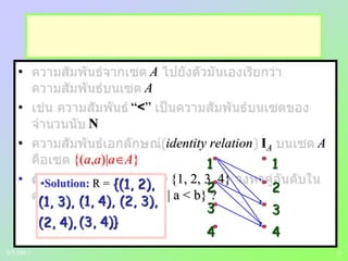 8
• A
A
• “<”
N
• identity relation IA A
{(a,a)|a A}
• : A = {1, 2, 3, 4}
R = {(a, b) | a < b} ?
•Solution: R = {(1, 2),
(1, 3), (1, 4), (2, 3),
(2, 4), (3, 4)}
1 1
2
3
4
2
3
4
9/5/2013
 