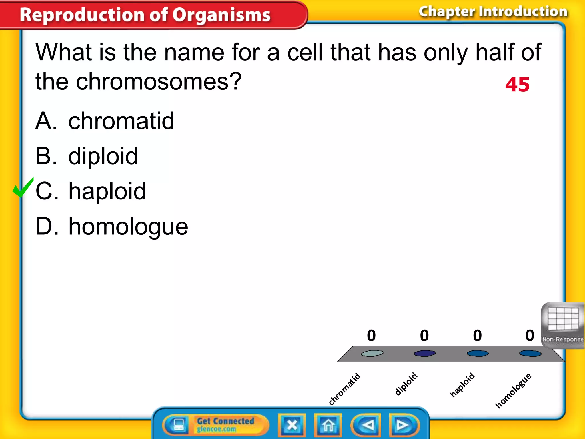 What is the name for a cell that has only half of 
the chromosomes? 
A. chromatid 
B. diploid 
C. haploid 
D. homologue 
chromatid 
45 
0 0 0 0 
diploid 
haploid 
homologue 
 