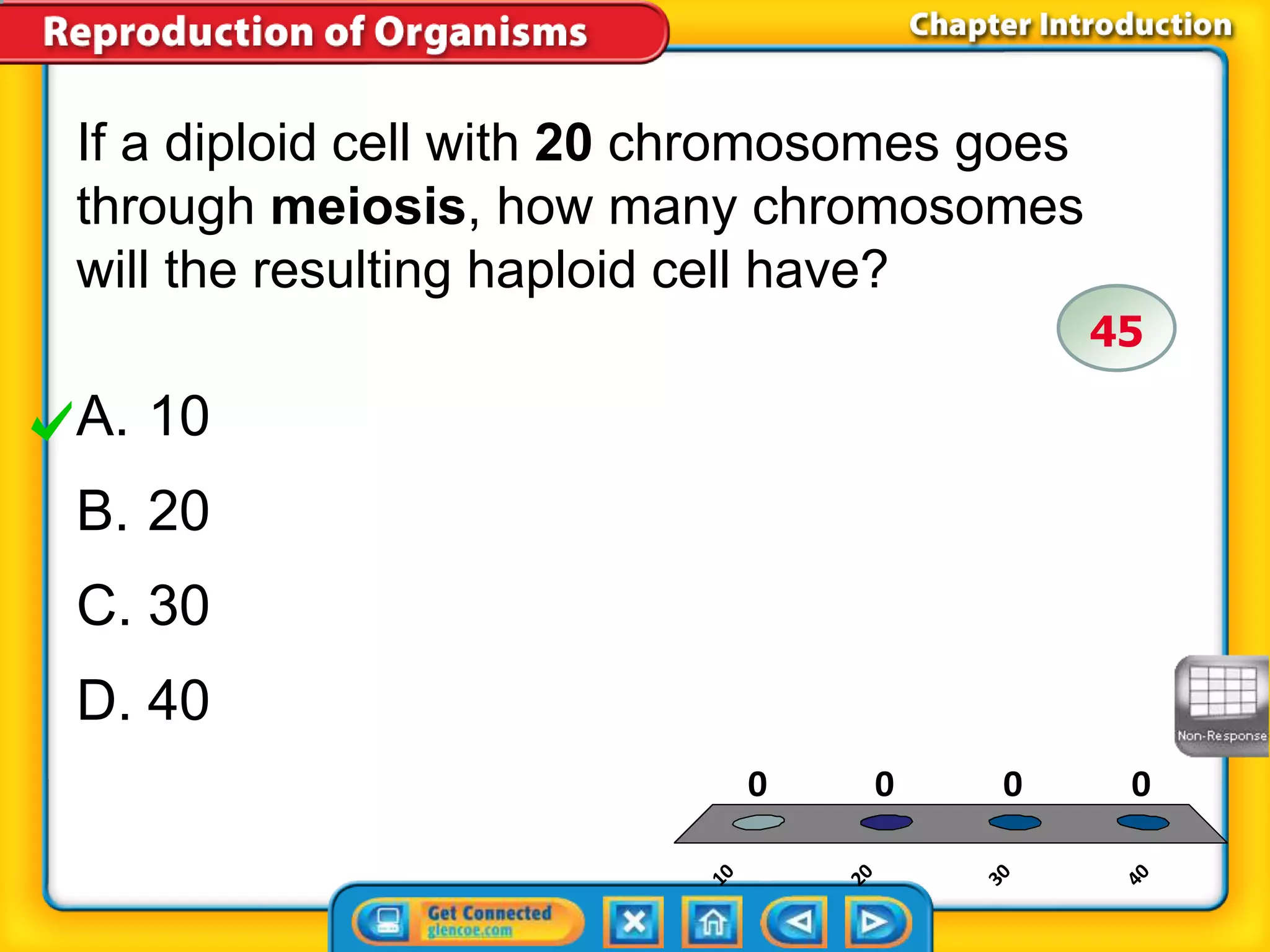 If a diploid cell with 20 chromosomes goes 
through meiosis, how many chromosomes 
will the resulting haploid cell have? 
A. 10 
B. 20 
C. 30 
D. 40 
45 
0 0 0 0 
10 
20 
30 
40 
 
