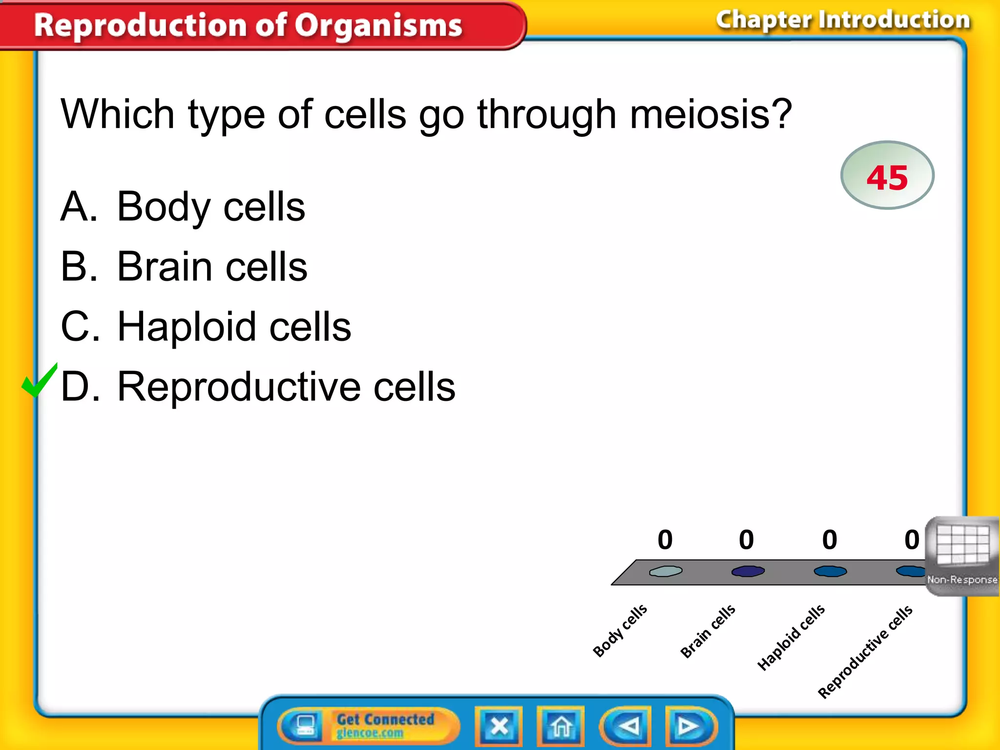 Which type of cells go through meiosis? 
A. Body cells 
B. Brain cells 
C. Haploid cells 
D. Reproductive cells 
Body cells 
45 
0 0 0 0 
Brain cells 
Haploid cells 
Reproductive cells 
 