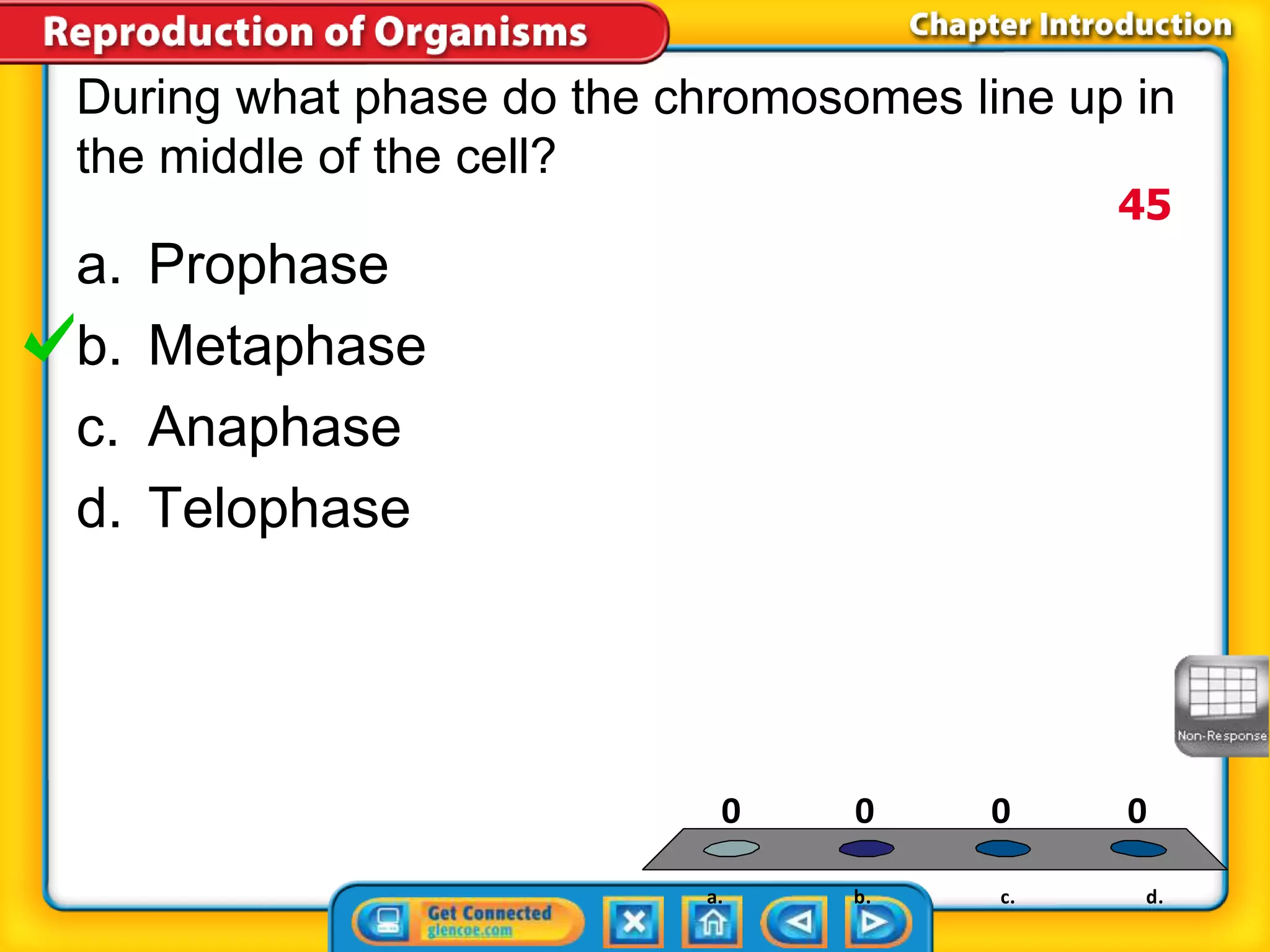 During what phase do the chromosomes line up in 
the middle of the cell? 
0 0 0 0 
a. b. c. d. 
a. Prophase 
b. Metaphase 
c. Anaphase 
d. Telophase 
45 
 