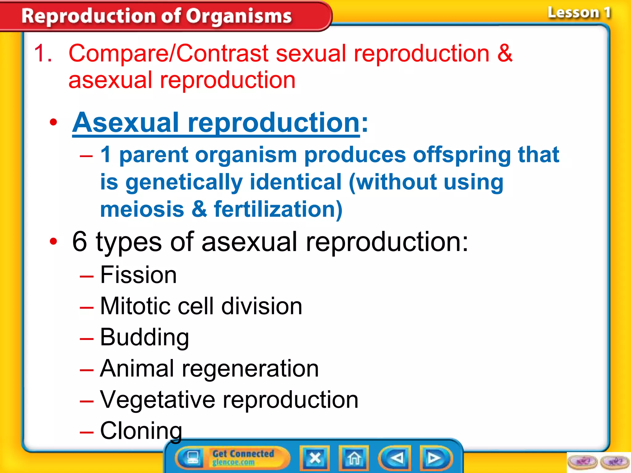 1. Compare/Contrast sexual reproduction & 
asexual reproduction 
• Asexual reproduction: 
– 1 parent organism produces offspring that 
is genetically identical (without using 
meiosis & fertilization) 
• 6 types of asexual reproduction: 
– Fission 
– Mitotic cell division 
– Budding 
– Animal regeneration 
– Vegetative reproduction 
– Cloning 
 