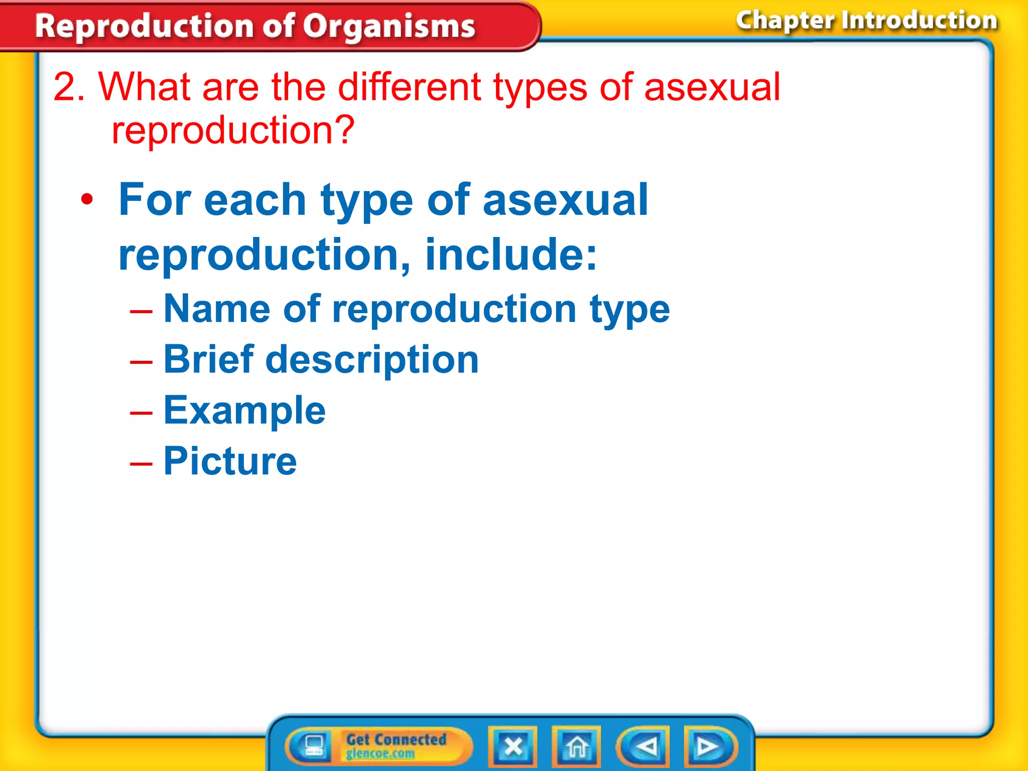 2. What are the different types of asexual 
reproduction? 
• For each type of asexual 
reproduction, include: 
– Name of reproduction type 
– Brief description 
– Example 
– Picture 
 
