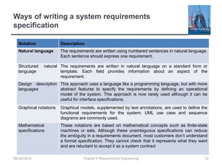 Ways of writing a system requirements
specification
Chapter 4 Requirements Engineering 52
Notation Description
Natural language The requirements are written using numbered sentences in natural language.
Each sentence should express one requirement.
Structured natural
language
The requirements are written in natural language on a standard form or
template. Each field provides information about an aspect of the
requirement.
Design description
languages
This approach uses a language like a programming language, but with more
abstract features to specify the requirements by defining an operational
model of the system. This approach is now rarely used although it can be
useful for interface specifications.
Graphical notations Graphical models, supplemented by text annotations, are used to define the
functional requirements for the system; UML use case and sequence
diagrams are commonly used.
Mathematical
specifications
These notations are based on mathematical concepts such as finite-state
machines or sets. Although these unambiguous specifications can reduce
the ambiguity in a requirements document, most customers don’t understand
a formal specification. They cannot check that it represents what they want
and are reluctant to accept it as a system contract
30/10/2014
 