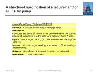 A structured specification of a requirement for
an insulin pump
Chapter 4 Requirements Engineering 6030/10/2014
 