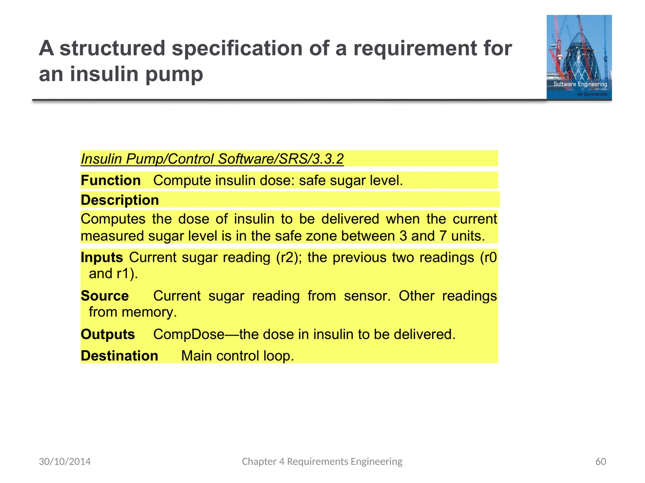 A structured specification of a requirement for
an insulin pump
Chapter 4 Requirements Engineering 60
30/10/2014
 