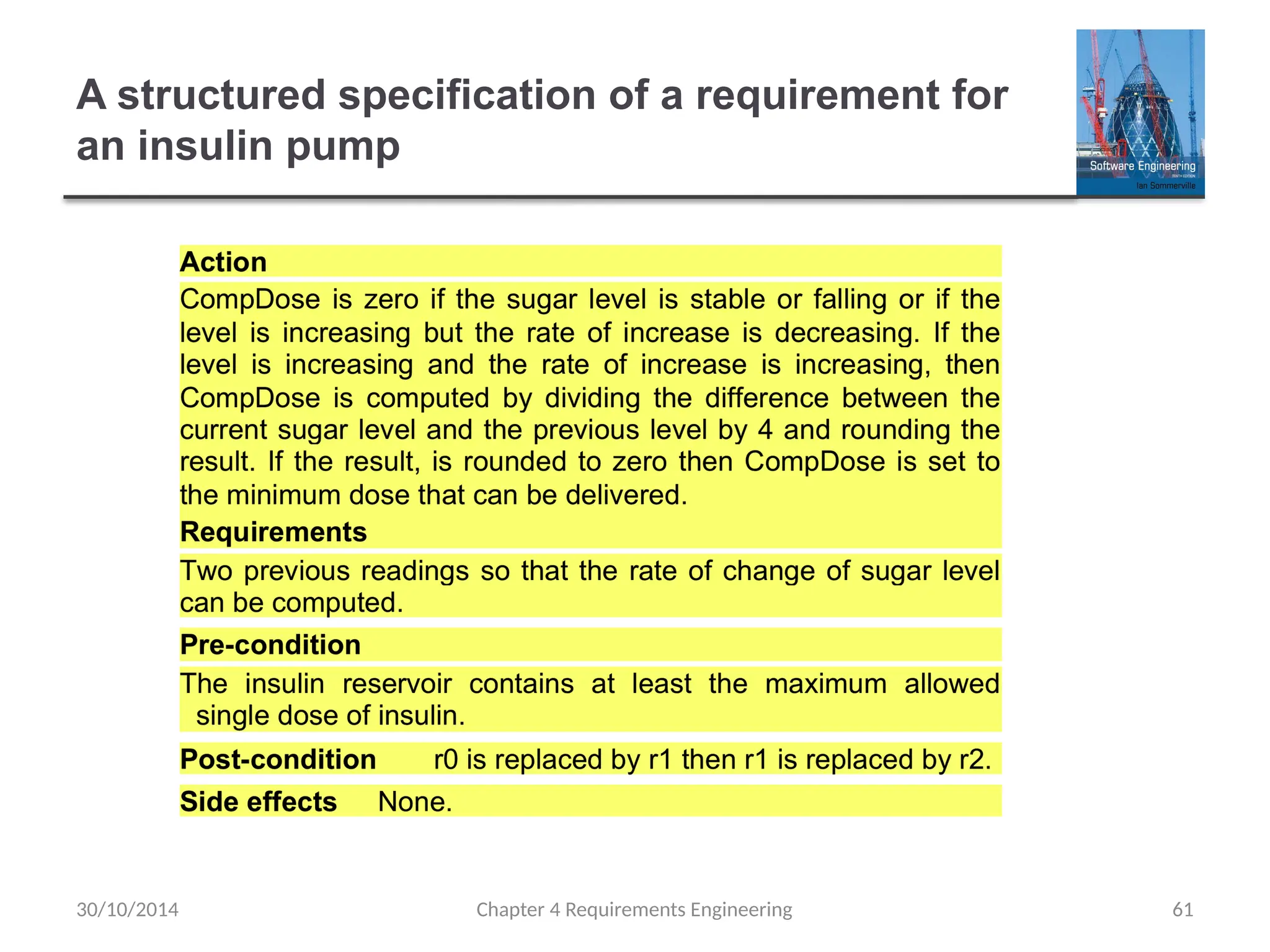 A structured specification of a requirement for
an insulin pump
Chapter 4 Requirements Engineering 61
30/10/2014
 
