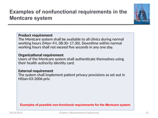 Examples of nonfunctional requirements in the
Mentcare system
Chapter 4 Requirements Engineering 25
Product requirement
The Mentcare system shall be available to all clinics during normal
working hours (Mon–Fri, 08:30–17.30). Downtime within normal
working hours shall not exceed five seconds in any one day.
Organizational requirement
Users of the Mentcare system shall authenticate themselves using
their health authority identity card.
External requirement
The system shall implement patient privacy provisions as set out in
HStan-03-2006-priv.
30/10/2014
Examples of possible non-functional requirements for the Mentcare system
 