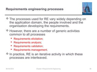 Requirements engineering processes
 The processes used for RE vary widely depending on
the application domain, the people involved and the
organisation developing the requirements.
 However, there are a number of generic activities
common to all processes
 Requirements elicitation;
 Requirements analysis;
 Requirements validation;
 Requirements management.
 In practice, RE is an iterative activity in which these
processes are interleaved.
Chapter 4 Requirements Engineering 30
30/10/2014
 