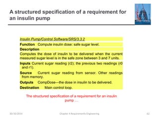 A structured specification of a requirement for
an insulin pump
Chapter 4 Requirements Engineering 62
30/10/2014
The structured specification of a requirement for an insulin
pump …
 