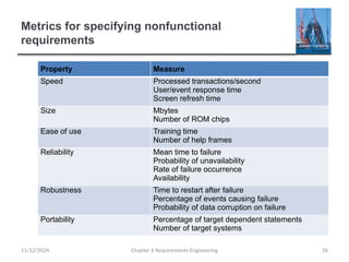 Metrics for specifying nonfunctional
requirements
Chapter 6 Requirements Engineering 26
Property Measure
Speed Processed transactions/second
User/event response time
Screen refresh time
Size Mbytes
Number of ROM chips
Ease of use Training time
Number of help frames
Reliability Mean time to failure
Probability of unavailability
Rate of failure occurrence
Availability
Robustness Time to restart after failure
Percentage of events causing failure
Probability of data corruption on failure
Portability Percentage of target dependent statements
Number of target systems
11/12/2024
 