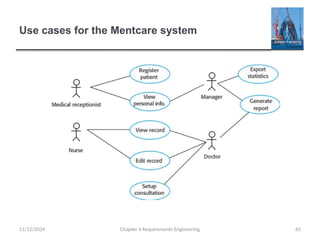 Use cases for the Mentcare system
Chapter 6 Requirements Engineering 65
11/12/2024
 
