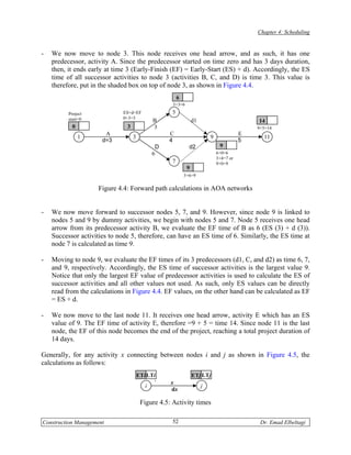 Chapter 4: Scheduling


-   We now move to node 3. This node receives one head arrow, and as such, it has one
    predecessor, activity A. Since the predecessor started on time zero and has 3 days duration,
    then, it ends early at time 3 (Early-Finish (EF) = Early-Start (ES) + d). Accordingly, the ES
    time of all successor activities to node 3 (activities B, C, and D) is time 3. This value is
    therefore, put in the shaded box on top of node 3, as shown in Figure 4.4.
                                                       6
                                                    3+3=6

          Project             ES+d=EF              5
          start=0             0+3=3
                                            B                   d1                          14
            0                  3            3                                               9+5=14
                       A                          C                                     E
                1                  3                                     9                    11
                      d=3                         4                                     5
                                             D               d2               9
                                            6                                6+0=6
                                                                             3+4=7 or
                                                   7                         9+0=9
                                                            9
                                                           3+6=9

                     Figure 4.4: Forward path calculations in AOA networks


-   We now move forward to successor nodes 5, 7, and 9. However, since node 9 is linked to
    nodes 5 and 9 by dummy activities, we begin with nodes 5 and 7. Node 5 receives one head
    arrow from its predecessor activity B, we evaluate the EF time of B as 6 (ES (3) + d (3)).
    Successor activities to node 5, therefore, can have an ES time of 6. Similarly, the ES time at
    node 7 is calculated as time 9.

-   Moving to node 9, we evaluate the EF times of its 3 predecessors (d1, C, and d2) as time 6, 7,
    and 9, respectively. Accordingly, the ES time of successor activities is the largest value 9.
    Notice that only the largest EF value of predecessor activities is used to calculate the ES of
    successor activities and all other values not used. As such, only ES values can be directly
    read from the calculations in Figure 4.4. EF values, on the other hand can be calculated as EF
    = ES + d.

-   We now move to the last node 11. It receives one head arrow, activity E which has an ES
    value of 9. The EF time of activity E, therefore =9 + 5 = time 14. Since node 11 is the last
    node, the EF of this node becomes the end of the project, reaching a total project duration of
    14 days.

Generally, for any activity x connecting between nodes i and j as shown in Figure 4.5, the
calculations as follows:
                                       ETi LTi                  ETj LTj
                                             `     x
                                          i                          j
                                                   dx

                                        Figure 4.5: Activity times

Construction Management                            52                                        Dr. Emad Elbeltagi
 