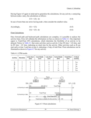 Chapter 4: Scheduling


Having Figure 4.5 again in mind and to generalize the calculations, for any activity x connecting
between nodes i and j, the calculations as follows:
                                   LTi = LTj - dx                                                               (4.4)
In case of more than one arrow leaving node i, then consider the smallest value.

Accordingly,                       LFx = LTj                                                                    (4.5)
                                   LSx = LFx -dx                                                                (4.6)
Float Calculations

Once forward path and backward path calculations are complete, it is possible to analyze the
activity times. First, let's tabulate the information we have as shown in Table 4.1. One important
aspect is Total-Float (TF) calculations, which determine the flexibility of an activity to be
delayed. Notice in Table 4.1 that some activities such as activity A has ES time = LS time, and
its EF time = LF time, indicating no slack time for the activity. Other activities such as B can
start early at time 3 and late at time 6, indicating a 3-day of total float. Float calculations can be
illustrated as shown in Figure 4.7 for any activity.

Table 4.1: CPM results
                             early Start           Late Finish     Late Start    Early Finish          Total Float      Critical
 Activity      Duration
                                (ES)                  (LF)           (LS)           (EF)                  (TF)          Activity

    A              3               0                   3                0               3                  0              Yes
    B              3               3                   9                6               6                  3              No
    C              4               3                   9                5               7                  2              No
    D              6               3                   9                3               9                  0              Yes
    E              5               9                   14               9               14                 0              Yes



                                                                    Name
                                               i                 duration = d                  j
                                        ET LT                                                ET LT
                           ES = ETi                                                      ETj                   LF = LTj
                                   ES                       EF=ES+d             Total Float
            a) Activity is early           d                                                                         LF


                                   ES                  Total Float                LS=LF-d
            b) Activity is late                                                                    d        LF
                                                   d                  Free Float (FF)
                                               Total time available for the activity = LF - ES


                                           Figure 4.7: Float calculations


Construction Management                                          54                                        Dr. Emad Elbeltagi
 