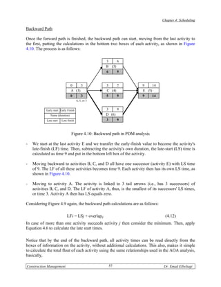 Chapter 4: Scheduling

Backward Path

Once the forward path is finished, the backward path can start, moving from the last activity to
the first, putting the calculations in the bottom two boxes of each activity, as shown in Figure
4.10. The process is as follows:

                                                     3     6
                                                     B (3)
                                                     6     9


                                 0     3             3     7           9     14
                                 A (3)               C (4)             E (5)
                                 0     3             5     9           9     14
                                       6, 5, or 3


            Early start Early Finish                 3     9
               Name (duration)                       D (6)
            Late start   Late finish                 3     9


                                 Figure 4.10: Backward path in PDM analysis

-   We start at the last activity E and we transfer the early-finish value to become the activity's
    late-finish (LF) time. Then, subtracting the activity's own duration, the late-start (LS) time is
    calculated as time 9 and put in the bottom left box of the activity.

-   Moving backward to activities B, C, and D all have one successor (activity E) with LS time
    of 9. The LF of all these activities becomes time 9. Each activity then has its own LS time, as
    shown in Figure 4.10.

-   Moving to activity A. The activity is linked to 3 tail arrows (i.e., has 3 successors) of
    activities B, C, and D. The LF of activity A, thus, is the smallest of its successors' LS times,
    or time 3. Activity A then has LS equals zero.

Considering Figure 4.9 again, the backward path calculations are as follows:

                             LFi = LSj + overlapij                                 (4.12)
In case of more than one activity succeeds activity j then consider the minimum. Then, apply
Equation 4.6 to calculate the late start times.

Notice that by the end of the backward path, all activity times can be read directly from the
boxes of information on the activity, without additional calculations. This also, makes it simple
to calculate the total float of each activity using the same relationships used in the AOA analysis,
basically,

Construction Management                               57                          Dr. Emad Elbeltagi
 