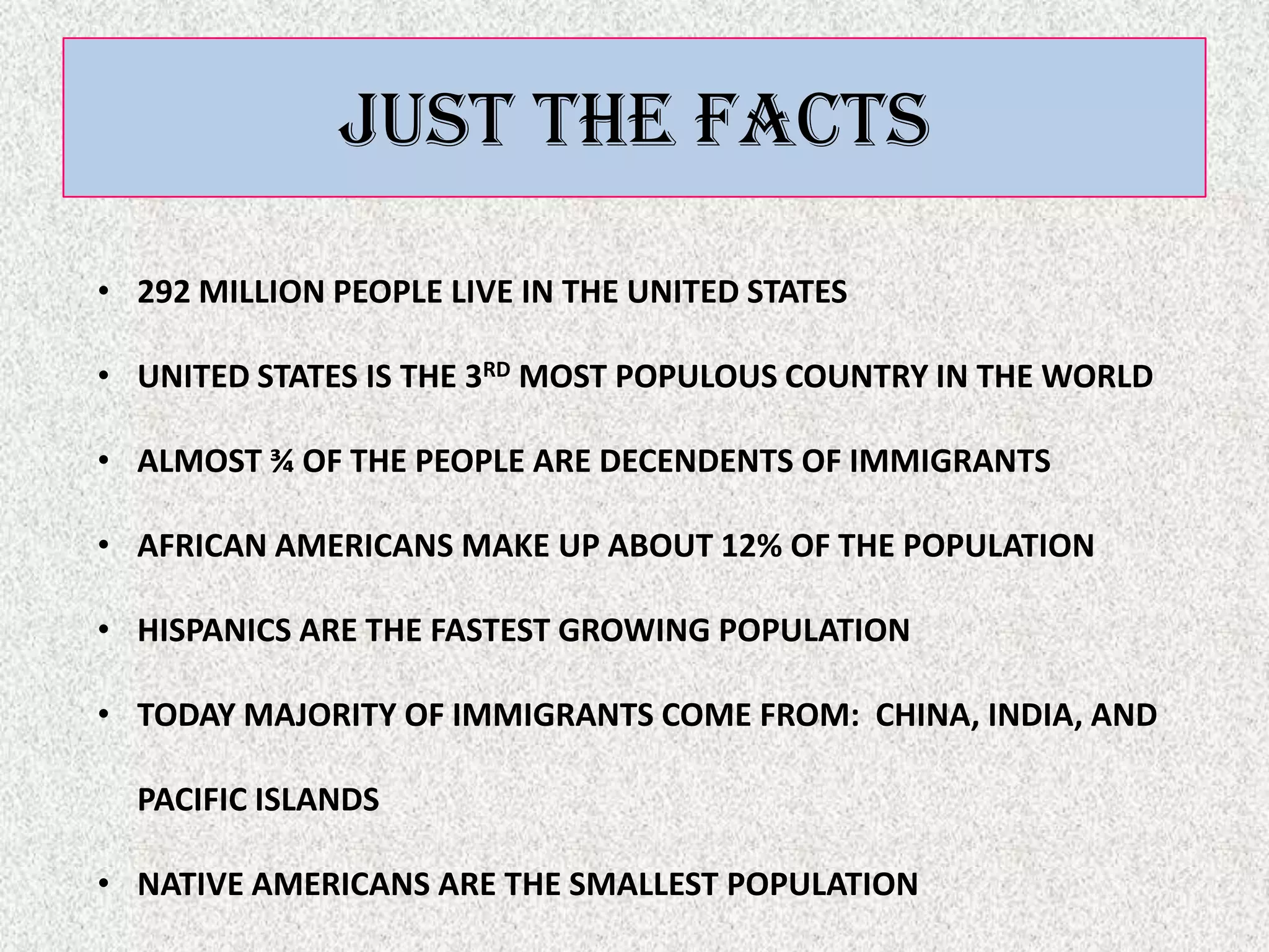 JUST THE FACTS

• 292 MILLION PEOPLE LIVE IN THE UNITED STATES

• UNITED STATES IS THE 3RD MOST POPULOUS COUNTRY IN THE WORLD

• ALMOST ¾ OF THE PEOPLE ARE DECENDENTS OF IMMIGRANTS

• AFRICAN AMERICANS MAKE UP ABOUT 12% OF THE POPULATION

• HISPANICS ARE THE FASTEST GROWING POPULATION

• TODAY MAJORITY OF IMMIGRANTS COME FROM: CHINA, INDIA, AND

  PACIFIC ISLANDS

• NATIVE AMERICANS ARE THE SMALLEST POPULATION
 