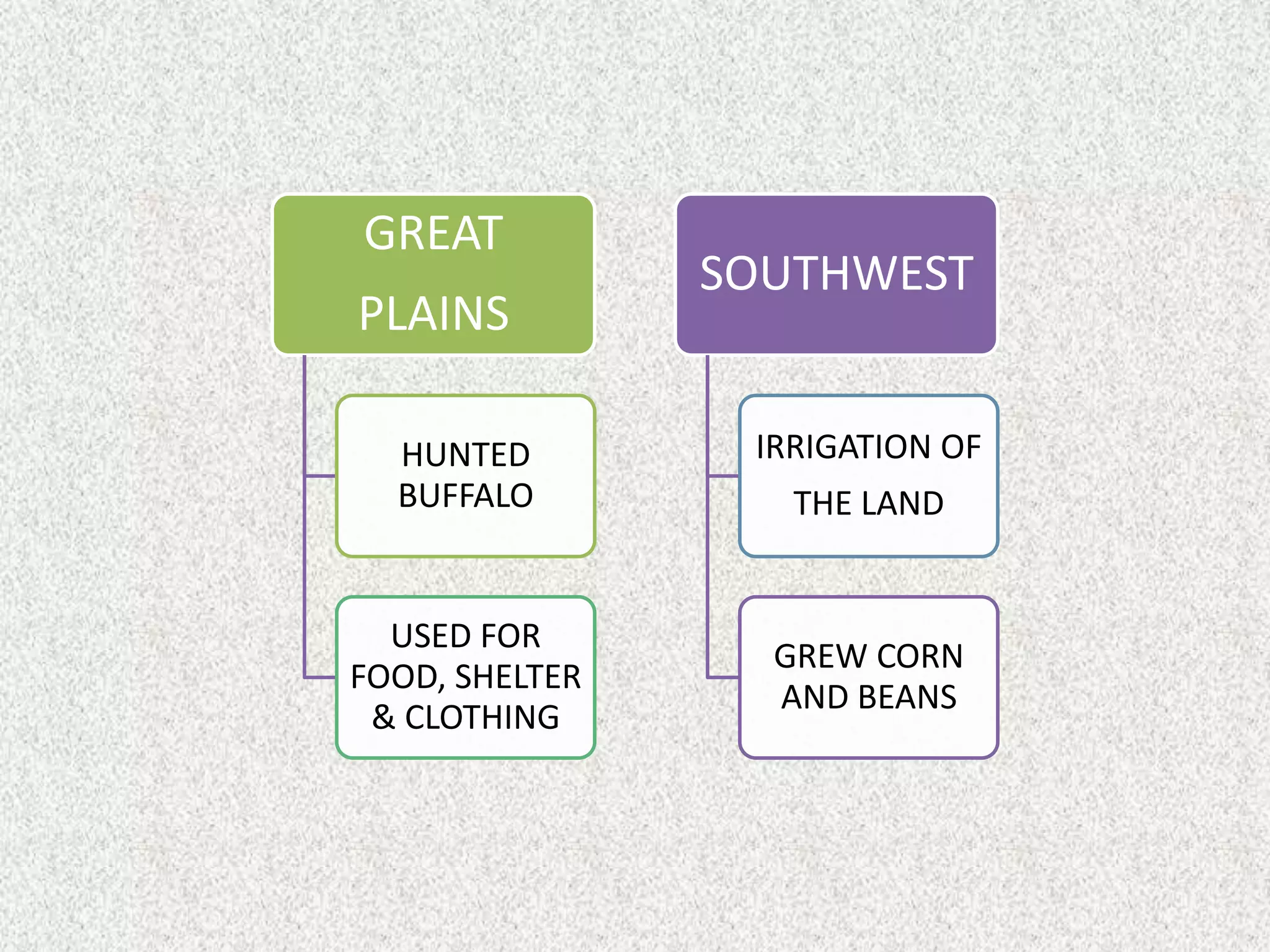 GREAT
                SOUTHWEST
PLAINS

  HUNTED         IRRIGATION OF
  BUFFALO          THE LAND


  USED FOR
                  GREW CORN
FOOD, SHELTER
                  AND BEANS
 & CLOTHING
 