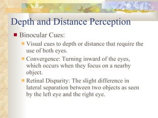 Depth and Distance Perception <ul><li>Binocular Cues:  </li></ul><ul><ul><li>Visual cues to depth or distance that require...