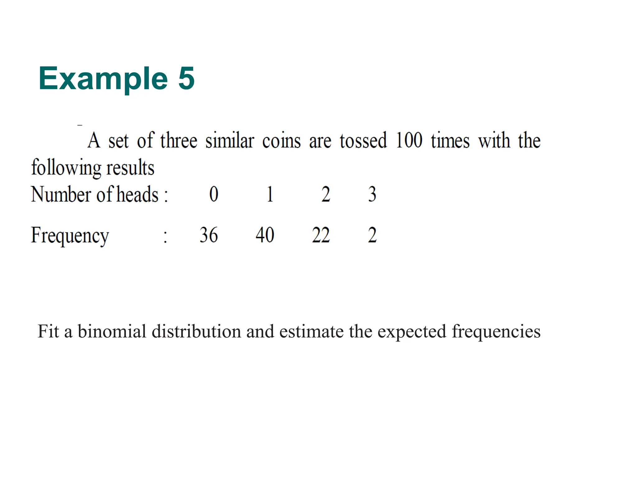 Example 5
32
Fit a binomial distribution and estimate the expected frequencies
 