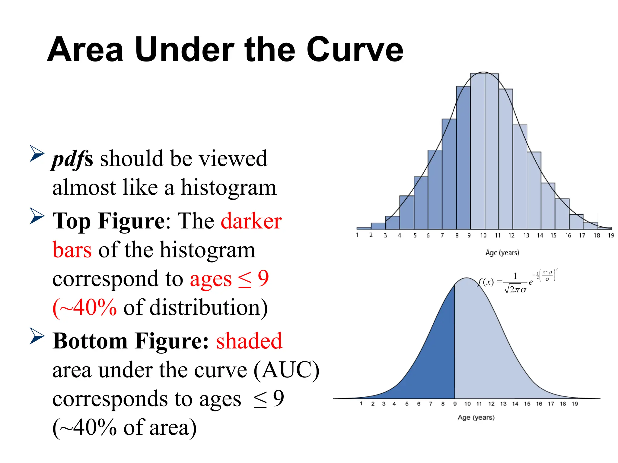 71
Area Under the Curve
 pdfs should be viewed
almost like a histogram
 Top Figure: The darker
bars of the histogram
correspond to ages ≤ 9
(~40% of distribution)
 Bottom Figure: shaded
area under the curve (AUC)
corresponds to ages ≤ 9
(~40% of area)
2
2
1
2
1
)
(





 

 



x
e
x
f
 