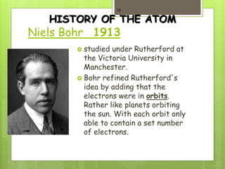 HISTORY OF THE ATOM
Niels Bohr 1913
 studied under Rutherford at
the Victoria University in
Manchester.
 Bohr refined Rutherford's
idea by adding that the
electrons were in orbits.
Rather like planets orbiting
the sun. With each orbit only
able to contain a set number
of electrons.
15
 