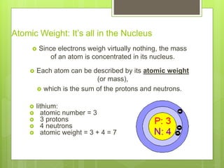 Atomic Weight: It’s all in the Nucleus
 Since electrons weigh virtually nothing, the mass
of an atom is concentrated in its nucleus.
 Each atom can be described by its atomic weight
(or mass),
 which is the sum of the protons and neutrons.
 lithium:
 atomic number = 3
 3 protons
 4 neutrons
 atomic weight = 3 + 4 = 7
 