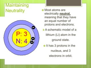 Maintaining
Neutrality  Most atoms are
electrically neutral,
meaning that they have
an equal number of
protons and electrons.
 A schematic model of a
lithium (Li) atom in the
ground state.
 It has 3 protons in the
nucleus, and 3
electrons in orbit.
 