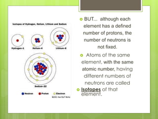  BUT... although each
element has a defined
number of protons, the
number of neutrons is
not fixed.
 Atoms of the same
element, with the same
atomic number, having
different numbers of
neutrons are called
 Isotopes of that
element.
 