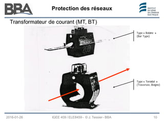 Protection des réseaux
Protection des réseaux
Protection des réseaux
2016-01-26 IGEE 409 / ELE8459 - © J. Tessier - BBA 10
Type « Bobine »
(Bar Type)
Type « Toroïdal »
(Traversée, Beigne)
Transformateur de courant (MT, BT)
 