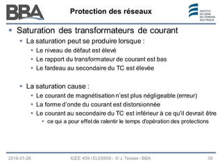 Protection des réseaux
Protection des réseaux
Protection des réseaux
2016-01-26 IGEE 409 / ELE8459 - © J. Tessier - BBA 39
 Saturation des transformateurs de courant
 La saturation peut se produire lorsque :
 Le niveau de défaut est élevé
 Le rapport du transformateur de courant est bas
 Le fardeau au secondaire du TC est élevée
 La saturation cause :
 Le courant de magnétisation n’est plus négligeable (erreur)
 La forme d’onde du courant est distorsionnée
 Le courant au secondaire du TC est inférieur à ce qu'il devrait être
 ce qui a pour effet de ralentir le temps d'opération des protections
 