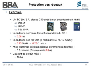 Protection des réseaux
Protection des réseaux
Protection des réseaux
 Exercice
 Un TC 50 : 5 A, classe C10 avec à son secondaire un relais
a) IAC-51
b) IAC-53
c) SEL 751A
 Impédance de l’enroulement secondaire du TC :
 0.061 Ω
 Impédance des fils vers le relais (2 x 50 m, 12 AWG) :
 0.25 Ω allé - 0.25 Ω retour
 Mise au travail du relais (disque commenceà tourner) :
 5 A primaire (Prise au relais 0.5 A)
 Courant de défaut max. :
 100 A
2016-01-26 IGEE 409 / ELE8459 - © J. Tessier - BBA 44
 