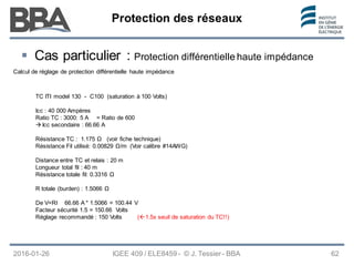 Protection des réseaux
Protection des réseaux
Protection des réseaux
2016-01-26 IGEE 409 / ELE8459 - © J. Tessier - BBA 62
 Cas particulier : Protection différentielle haute impédance
Calcul de réglage de protection différentielle haute impédance
TC ITI model 130 - C100 (saturation à 100 Volts)
Icc : 40 000 Ampères
Ratio TC : 3000: 5 A = Ratio de 600
 Icc secondaire : 66.66 A
Résistance TC : 1.175 Ω (voir fiche technique)
Résistance Fil utilisé: 0.00829 Ω/m (Voir calibre #14AWG)
Distance entre TC et relais : 20 m
Longueur total fil : 40 m
Résistance totale fil: 0.3316 Ω
R totale (burden) : 1.5066 Ω
De V=RI 66.66 A * 1.5066 = 100.44 V
Facteur sécurité 1.5 = 150.66 Volts
Réglage recommandé : 150 Volts (1.5x seuil de saturation du TC!!)
 