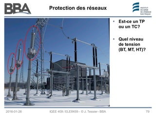 Protection des réseaux
Protection des réseaux
Protection des réseaux
2016-01-26 79
 Est-ce un TP
ou un TC?
 Quel niveau
de tension
(BT, MT, HT)?
IGEE 409 / ELE8459 - © J. Tessier - BBA
 