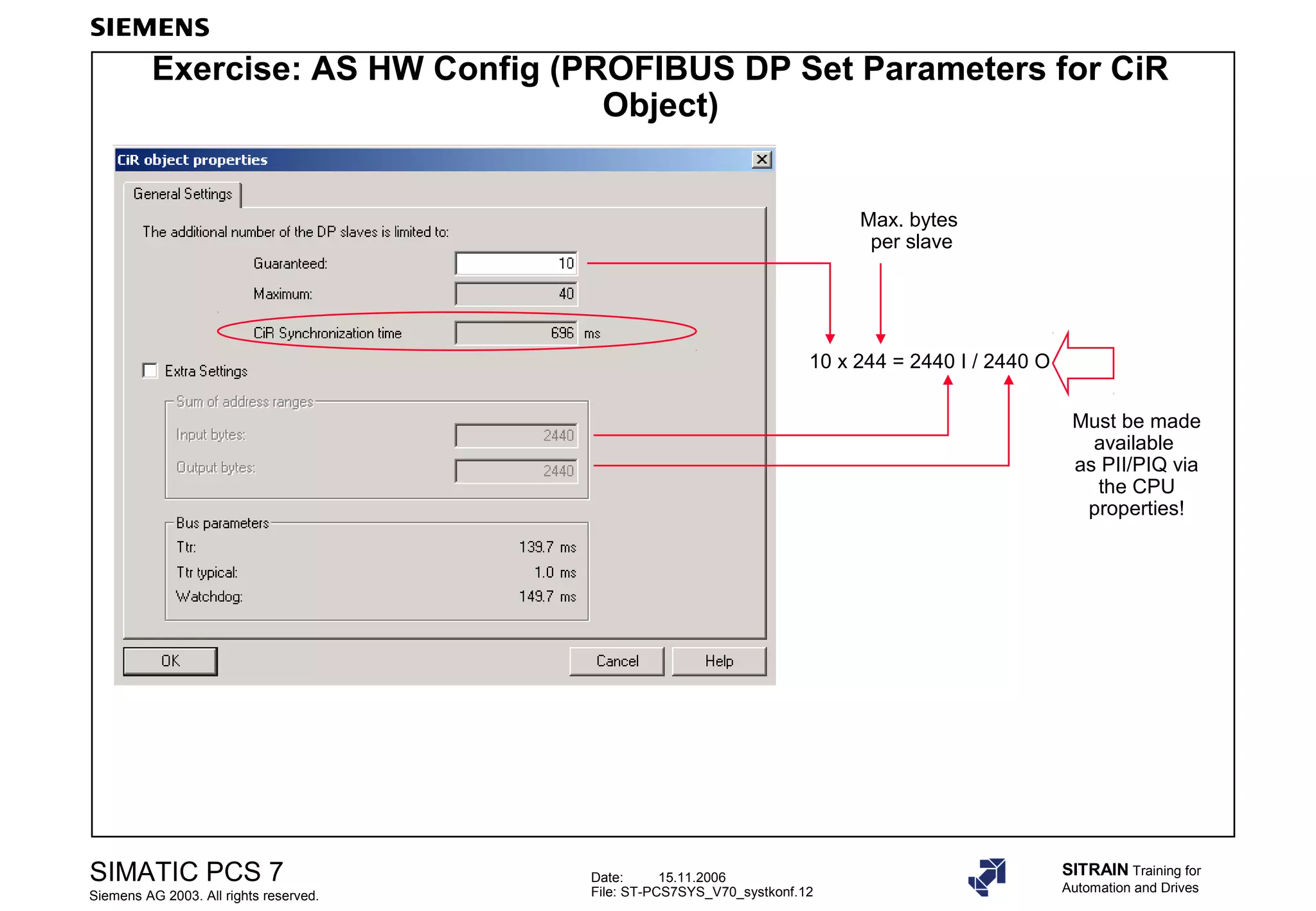 Date: 15.11.2006
File: ST-PCS7SYS_V70_systkonf.12
SIMATIC PCS 7
Siemens AG 2003. All rights reserved.
SITRAIN Training for
Automation and Drives
Exercise: AS HW Config (PROFIBUS DP Set Parameters for CiR
Object)
10 x 244 = 2440 I / 2440 O
Max. bytes
per slave
Must be made
available
as PII/PIQ via
the CPU
properties!
 