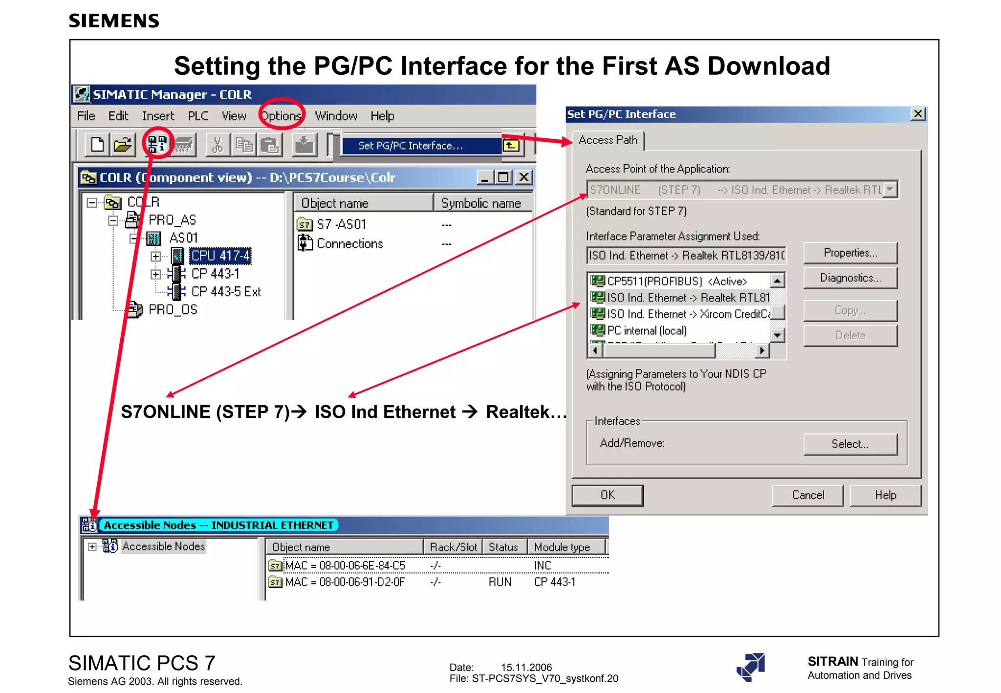 Date: 15.11.2006
File: ST-PCS7SYS_V70_systkonf.20
SIMATIC PCS 7
Siemens AG 2003. All rights reserved.
SITRAIN Training for
Automation and Drives
Setting the PG/PC Interface for the First AS Download
S7ONLINE (STEP 7) ISO Ind Ethernet  Realtek…
 