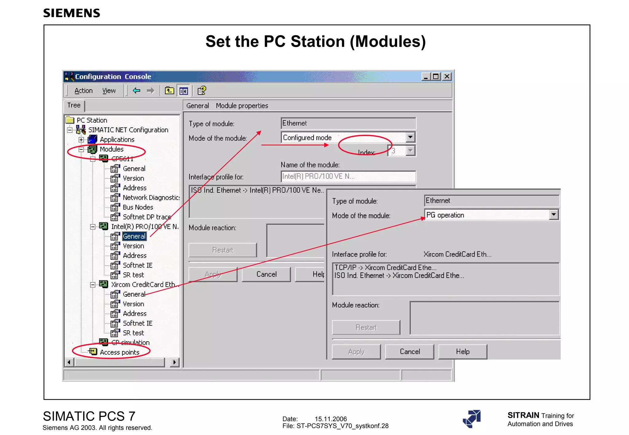 Date: 15.11.2006
File: ST-PCS7SYS_V70_systkonf.28
SIMATIC PCS 7
Siemens AG 2003. All rights reserved.
SITRAIN Training for
Automation and Drives
Set the PC Station (Modules)
 