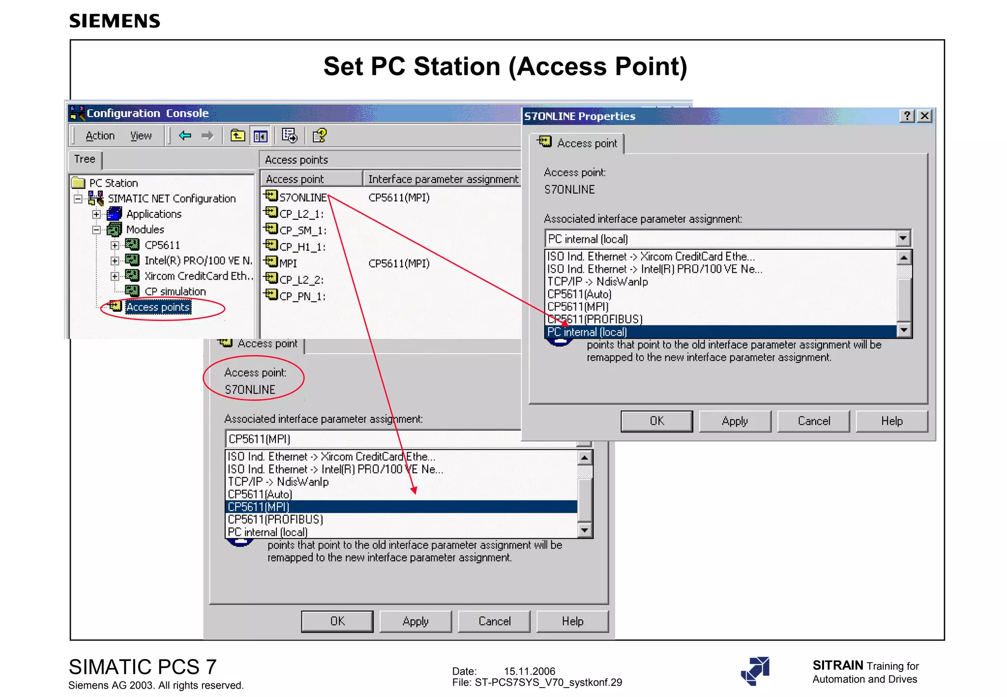 Date: 15.11.2006
File: ST-PCS7SYS_V70_systkonf.29
SIMATIC PCS 7
Siemens AG 2003. All rights reserved.
SITRAIN Training for
Automation and Drives
Set PC Station (Access Point)
 